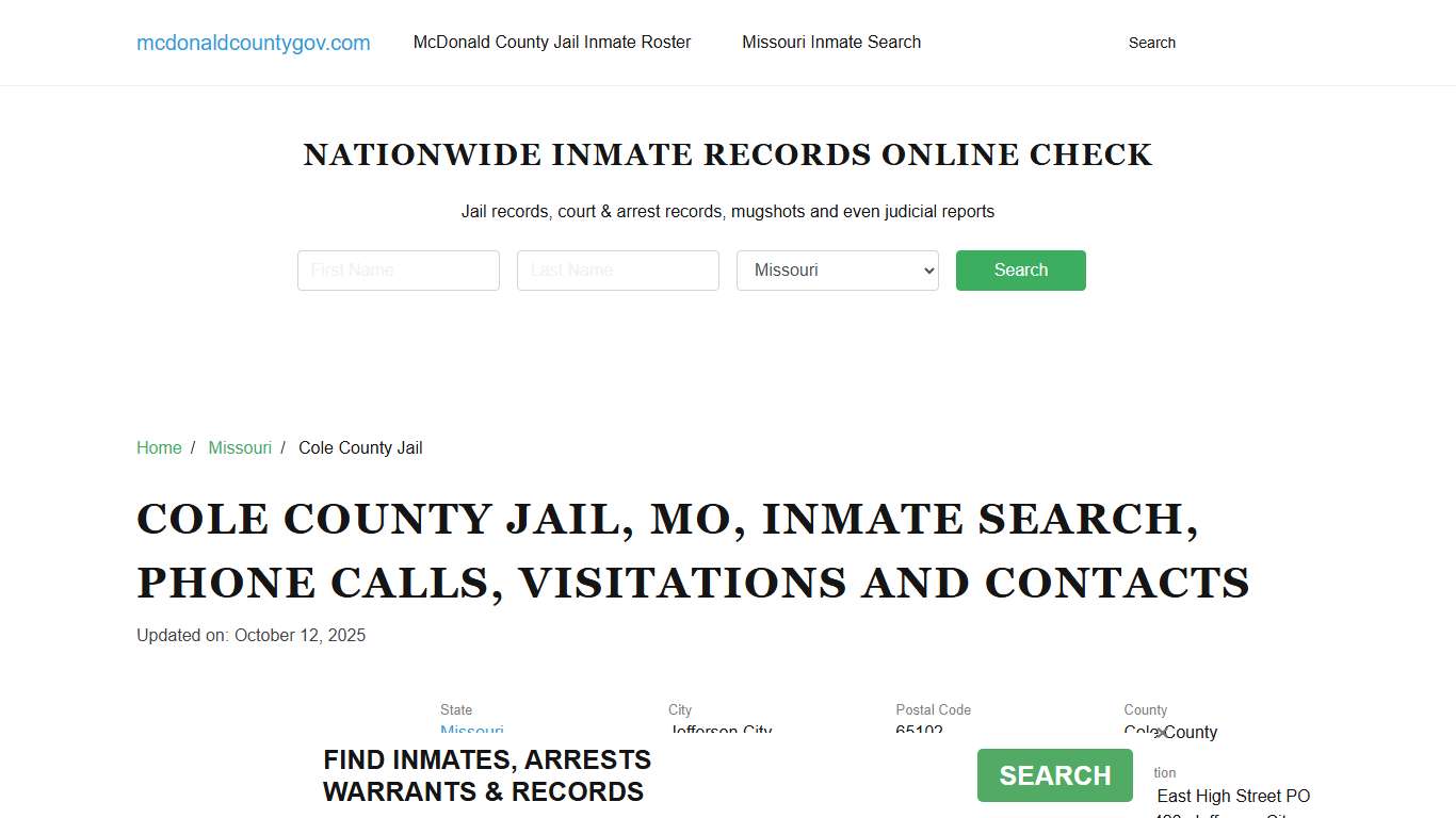 Cole County Jail, MO, Inmate Search, Contacts