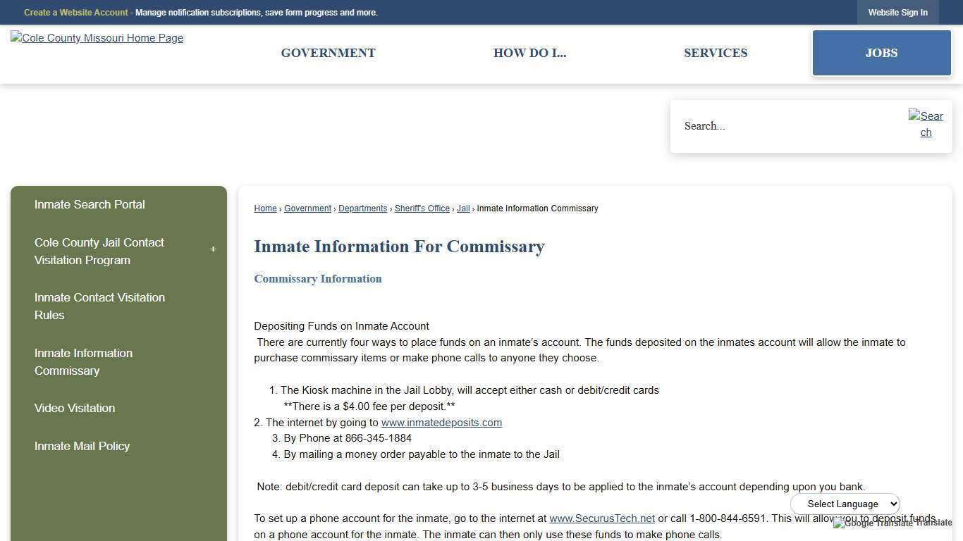 Inmate Information For Commissary | Cole County, MO